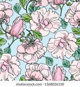 floral elegance seamless pattern with flowers purple mallow, rose. Detailed botanical hand drawing.Perfect for summer and spring for fabric, textile design,paper wrapper