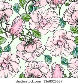 floral elegance seamless pattern with flowers purple mallow, rose. Detailed botanical hand drawing.Perfect for summer and spring for fabric, textile design,paper wrapper