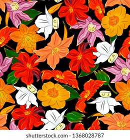 floral elegance seamless pattern with flowers orange clematis and daffodils (narcissus). Detailed botanical hand drawing.Perfect for summer and spring for fabric, textile design,paper wrapper
