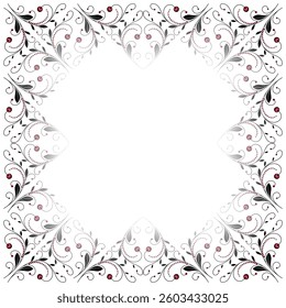 Floral elegance square frame in classic style. Ornamental pattern of swirls and curved lines. Traditional black red plant graphic ornament. Richly decorated background for greetings, advertising, etc.