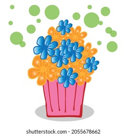 Floral Elegance Unleashed: Unleash the elegance of flowers with this captivating illustration. The green bubbles and a pink vase filled with orange and blue blooms create a harmonious and stylish  