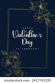 Floral Elegance Valentine's Day Card in a Radiant Gold Frame, Embellished with Enchanting Flowers. A Bouquet of Love and Beauty. 