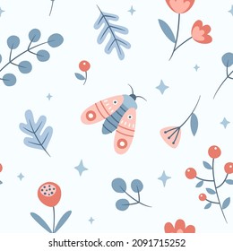 Floral elegant baby print with butterfly. Seamless vector pattern with flowers and moth for fabric, textile, wrapping paper, apparel, nursery.