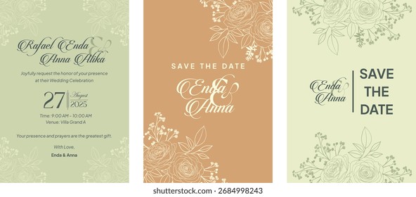 Floral elegant background with hand drawn rose flower elements in neutral. Vector design templates for wedding invitation VIP cover, poster, RSVP modern card
