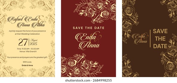 Floral elegant background with hand drawn rose elements in neutral maroon. Vector design templates for wedding invitation VIP cover, poster, RSVP modern card