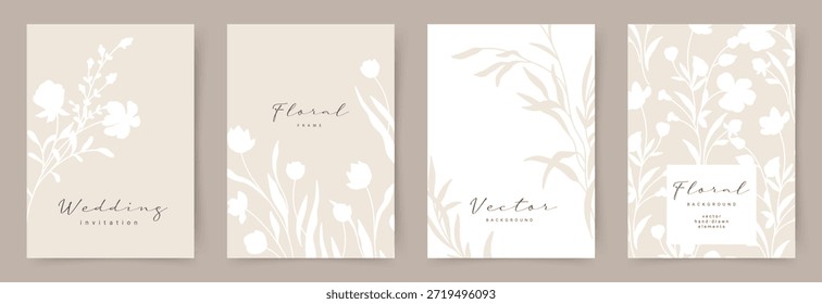 Floral elegant background set with hand drawn flower elements in neutral beige. Vector design templates for wedding invitation, card, poster, business card, flyer, social media, banner, label