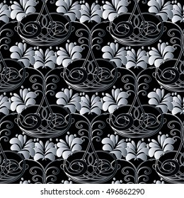 Floral elegant black vector seamless pattern background wallpaper illustration with vintage decorative  white 3d flowers, leaves and ornaments.