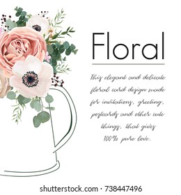 Floral elegant card vector Design: peach Rose flower white wax, Anemone green blue Eucalyptus delicate greenery berry bouquet in linear hand drawn kettle vase illustration. Cute layout with copy space
