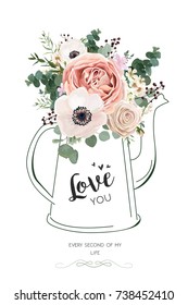 Floral elegant card vector Design: Rose peach flower white wax, Anemone green Eucalyptus greenery berry bouquet in line hand drawn kettle vase illustration. Elegant rustic Wedding invite love you text