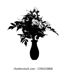 Floral elegant composition. Black silhouette of the bouquet of flowers and leaves. Botanical design element for decor of cards, invitations, poster, scrapbook and other. 