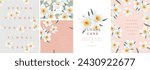 Floral elegant greeting card. Vector delicate pastel illustration of spring daffodil flowers in minimalist style for invitation, frame, poster or background