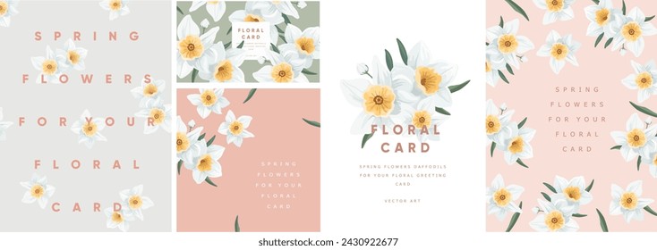 Floral elegant greeting card. Vector delicate pastel illustration of spring daffodil flowers in minimalist style for invitation, frame, poster or background