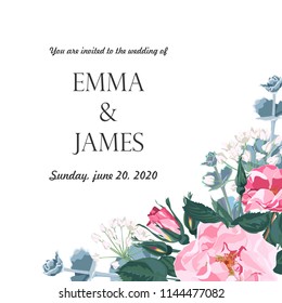 Floral elegant invite card design: garden flower pink dog roses, tender greenery. Can be used as invitation card for wedding, birthday and other holiday and summer and spring background.