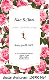 Floral elegant invite card gold frame design: vintage style pink roses. Can be used as invitation card for wedding and other holiday, summer, spring rustic elegant style.
