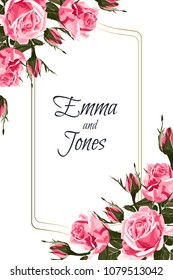 Floral elegant invite card gold frame design: vintage style pink roses. Can be used as invitation card for wedding, birthday and other holiday, summer, spring rustic style.