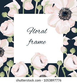 Floral elegant invite card vector Design: garden flower pink Anemone, tender greenery. Can be used as invitation card for wedding, birthday and other holiday and summer and spring dark background.
