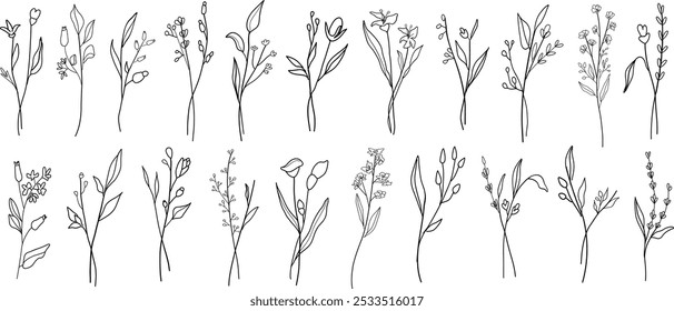 Floral elegant leaves vector set. Hand drawn flower art illustration. Trendy floral wildflowers botanical set.