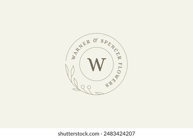 Marco floral elegante del círculo del logotipo del contorno con la Ilustración vectorial de la Plantilla del diseño de las bayas de la rama del árbol. Monograma romántico minimalista con planta orgánica natural para salón de belleza cosmetología