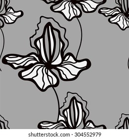 Floral elegant pattern with iris. Black and white pattern with flowers. Seamless pattern can be used for printing textile, wallpaper, website background, wrapping paper. Linear art. Hand drown texture