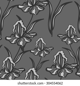 Floral elegant pattern with iris. Black and white pattern with flowers. Seamless pattern can be used for printing textile, wallpaper, website background, wrapping paper. Linear art. Hand drown texture