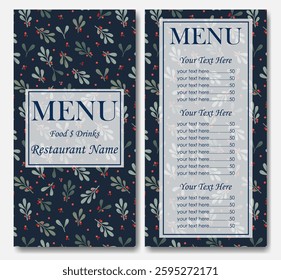 Floral elegant restaurant template. Cafe identity, Christmas festive. Restaurant menu with price template