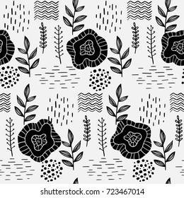 Floral elegant seamless hand-drawn pattern with black plants on white background. Scandinavian design style. Vector illustration