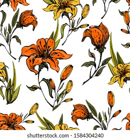 Floral elegant seamless pattern with the image of garden lilies on a white background. Orange and yellow flowers and buds are located randomly. Vector for print, textile, fabrics, wallpaper, tile.