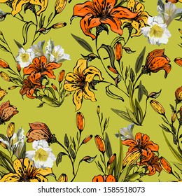 Floral elegant seamless pattern with the image of garden lilies on a green background. Orange, yellow and white flowers and buds are randomly located. Vector for print, textile, fabrics, wallpaper
