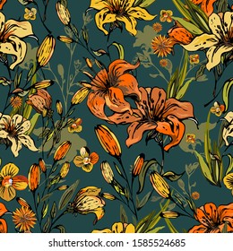 Floral elegant seamless pattern with the image of garden lilies on a dark green background. Orange, yellow flowers and buds are located randomly. Vector for print, textile, fabrics, wallpaper, tile.
