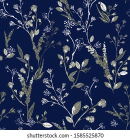 Floral elegant seamless pattern with the image of field plants on a dark blue background. Botanical elements are randomly located. Vector with light contours and silhouettes. For print, textile