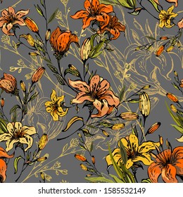 Floral elegant seamless pattern with the image of garden lilies on a dark gray background. Orange, yellow flowers, buds and silhouettes are located randomly. Vector for print, textile, fabrics