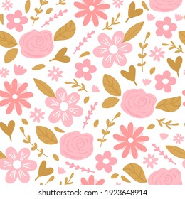 Floral elegant seamless pattern with simple flower and leaves. Vector design for fabric, wrapping paper, packaging, wallpaper etc. 