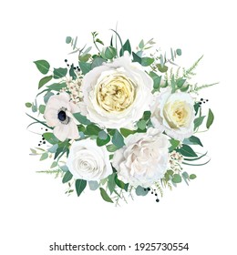 Floral elegant wedding round bouquet vector watercolor editable illustration. Tender cream yellow cabbage garden Rose, white anemone, ivory wax flower, Eucalyptus green leaves, branches, fern greenery