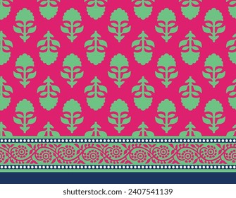 FLORAL ELEMENT WITH SEAMLESS BORDER AJRAKH PATTERN AND BLOCK PRINT PATTERN BATIK PRINT BACKGROUND DIGITAL PRINTING TEXTILE PATTERN