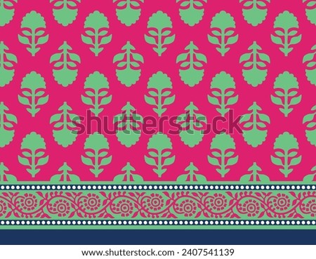FLORAL ELEMENT WITH SEAMLESS BORDER AJRAKH PATTERN AND BLOCK PRINT PATTERN BATIK PRINT BACKGROUND DIGITAL PRINTING TEXTILE PATTERN