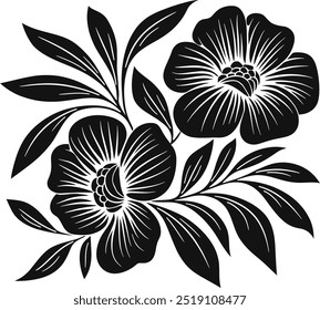 Blumenelement, einfache zarte handgezeichnete Blumen, Silhouette schwarz-weiße Zeichnung von Blättern und Blumen. Lineare Zeichnung
