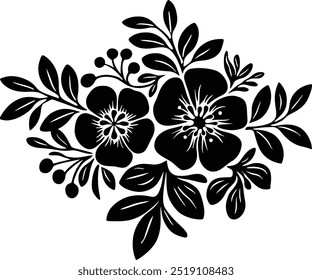 Floral Element, simple delicate hand drawn flowers, Silhouette black and white drawing of leaves and flowers. Linear drawing