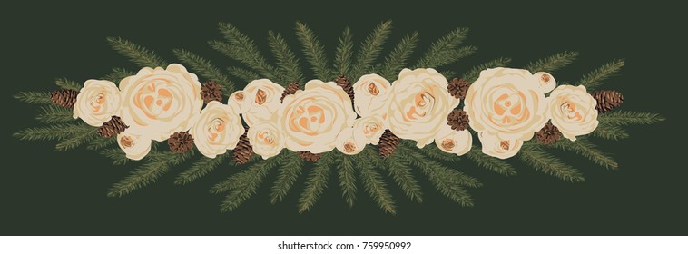 Floral element. Winter fir branch with buds of peonies, collected in one line. Christmas ornament bouquet. Vector