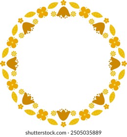 Floral elements and bellflower round golden frame. Cute greeting card border