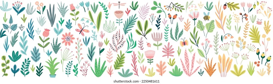 Floral elements big collection - leaves, plants, flowers. Cute hand drawn style. Vector illustration.