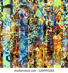 Floral elements, blots and stripes. Grunge colorful seamless texture. Abstract vector background for web page, banners backdrop, fabric, home decor, wrapping