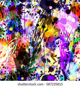 Floral elements for boho design. Hand drown stylized leaves, flowers. Bright colorful pattern. Seamless vector background. Abstract texture. Watercolor effect. 