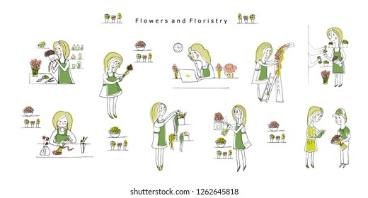 Floral elements collection about florists and flower arrangements, flower delivery for decoration stickers, t-shirts, banners, tags, hand drawing for your design. Vector.