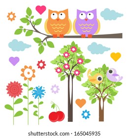 floral elements with cute owls