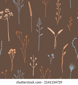 Blumenelemente, dunkelbraunes, nahtloses Muster. Herbstpflanzenoberfläche. Kräuter und wilde Blumen Silhouetten. Handgezeichnete Vektor-Botanik-Textur für Textilien, Papier, Gewebe, moderne Herbstdekation