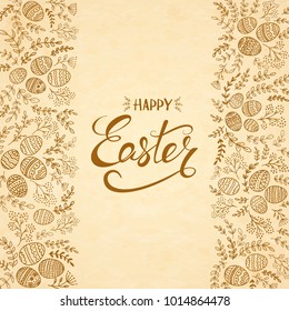 Floral elements with decorative eggs and brown lettering Happy Easter on beige background, illustration.