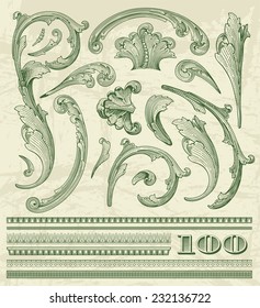 Floral elements  in dollar style for retro label design