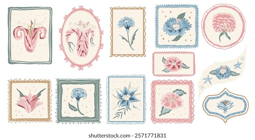 Floral elements. Flowers isolated on white background. Vector hand drawn line art illustration.
