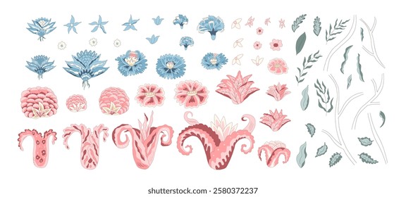Floral elements. Flowers and leaves isolated on white background. Vector hand drawn line art illustration.