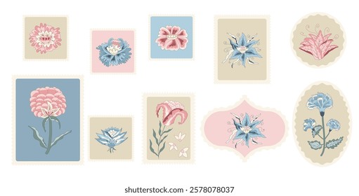 Floral elements. Flowers postage stamp isolated on white background. Vector hand drawn line art illustration.